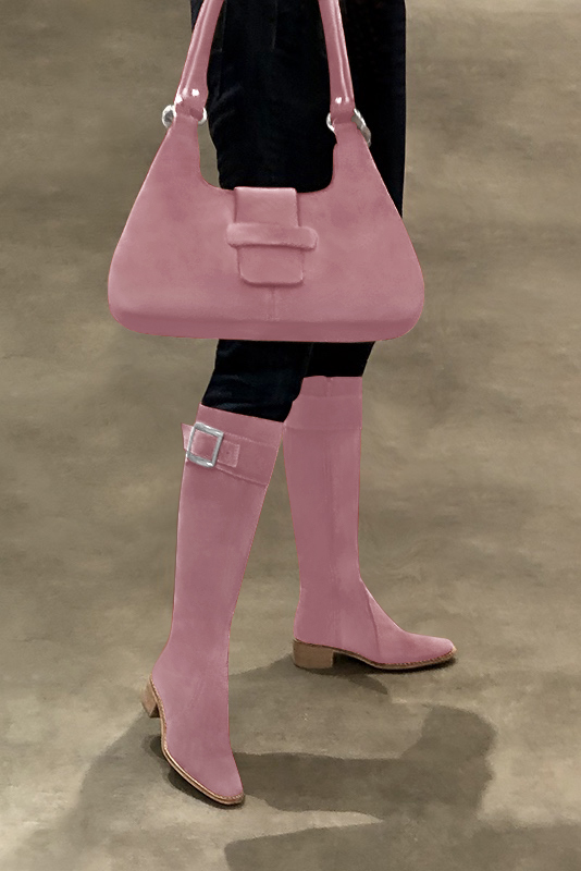 Carnation pink women's riding knee-high boots. Round toe. Low leather soles. Made to measure. Top view - Florence KOOIJMAN